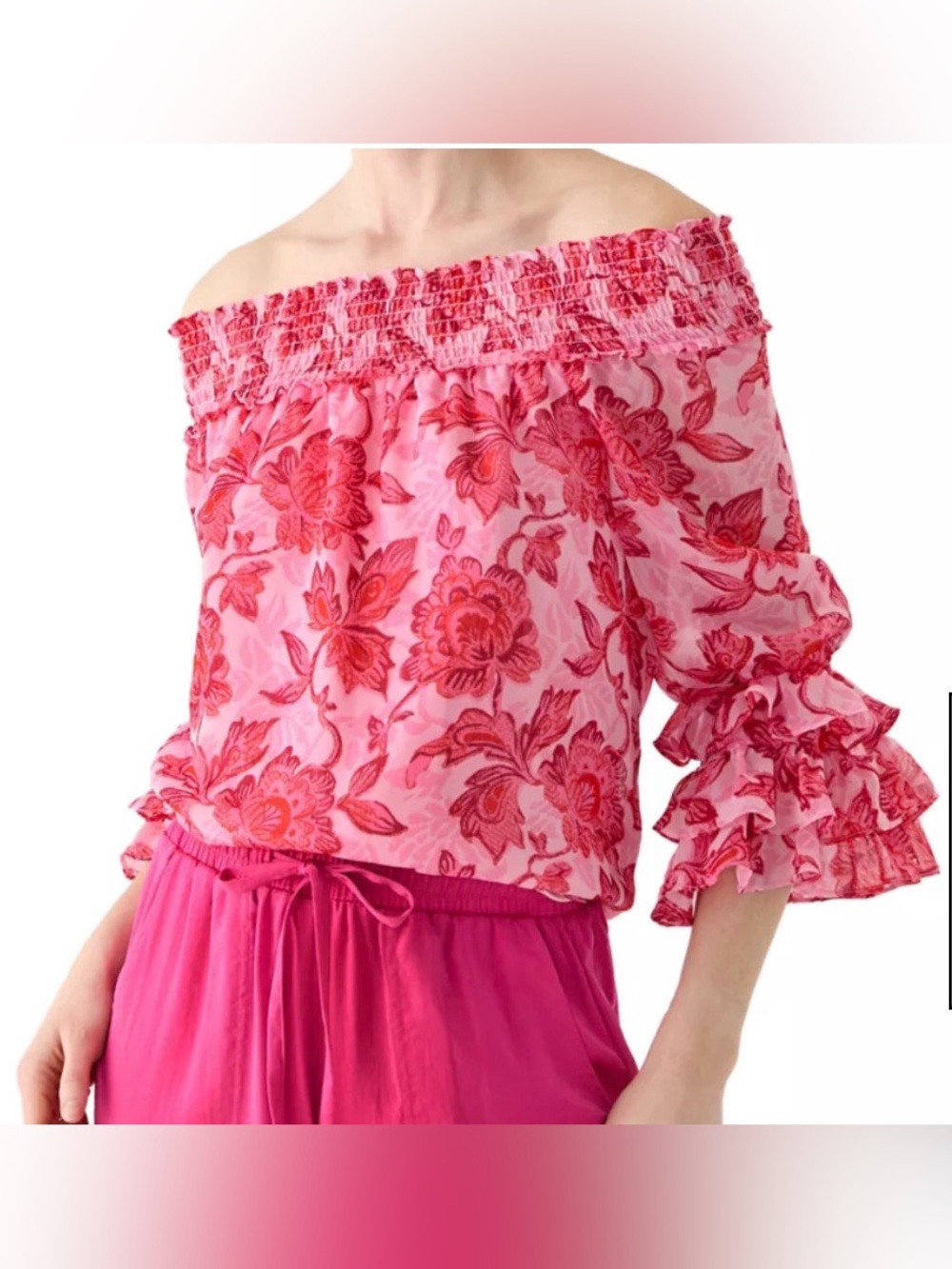 CeCe Off the Shoulder Blouse Size Medium Pink Floral 3/4 Ruffle Sleeve